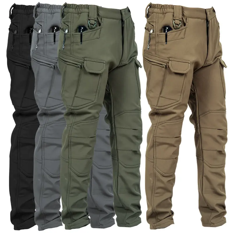 FEITAI Men's Solid Color Fleece-Lined Soft Shell Cargo Pants, Winter Hiking Bottoms with Water-Resistant Fabric, Stretch, Belt Loops, Adjustable Waist, Knee Reinforced, Plus Size Fit