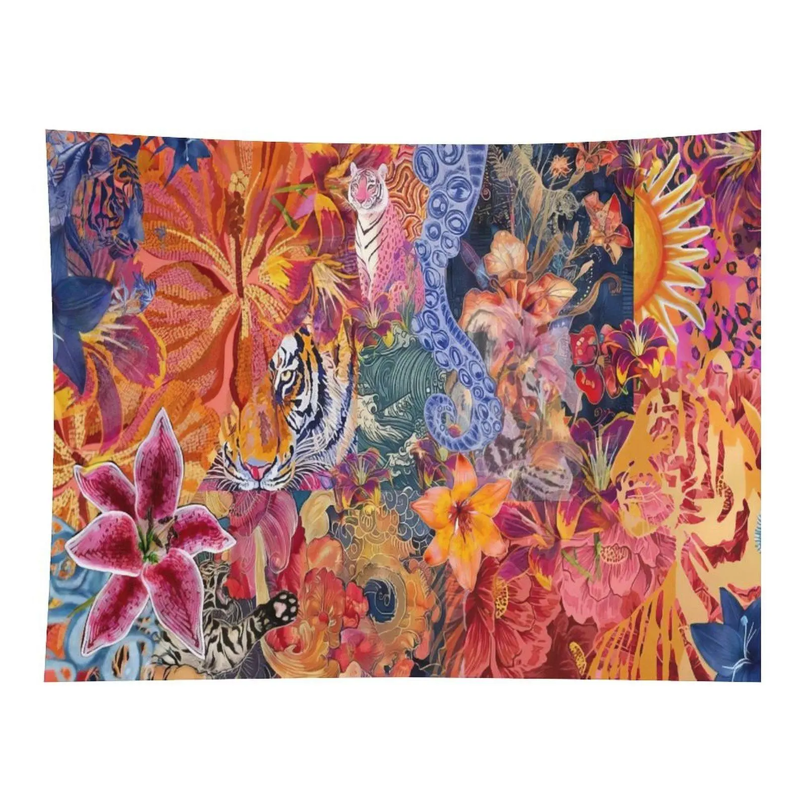 Wild Tiger Leopard Tropical Floral Collage Tapestry - Vibrant Exotic Animal & Flower Boho Art Wall Hanging, Bedroom Decor, Apartment Decor Ideas