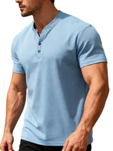 Men's Waffle Knit Henley T-Shirt, Short Sleeve Slim Fit Casual Top, Breathable Button Design, Ideal for Daily Wear, Street Style, Light Business Occasions