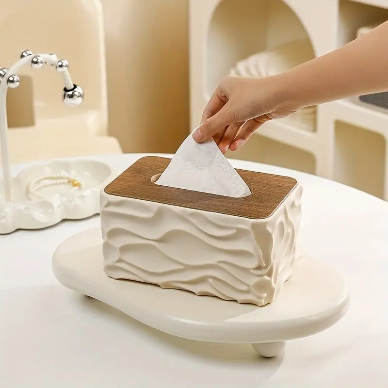Nordic Minimalist Style Corrugated Tissue Box, Tissue Storage Box, Arched Handkerchief Box with Wood Grain Lid, Large Napkin Dispenser, Autumn-Themed Bathroom Decoration, Bathroom Accessories