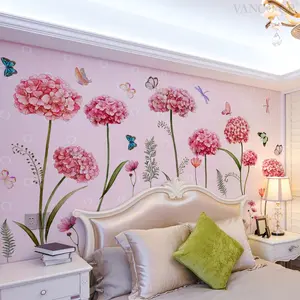 Hand-Drawn Hydrangea Butterfly Dragonfly Wall Stickers Set, Floral Pattern Sticker, 2 Sheets (30x90cm), Home Decor for Living Room Bedroom Background