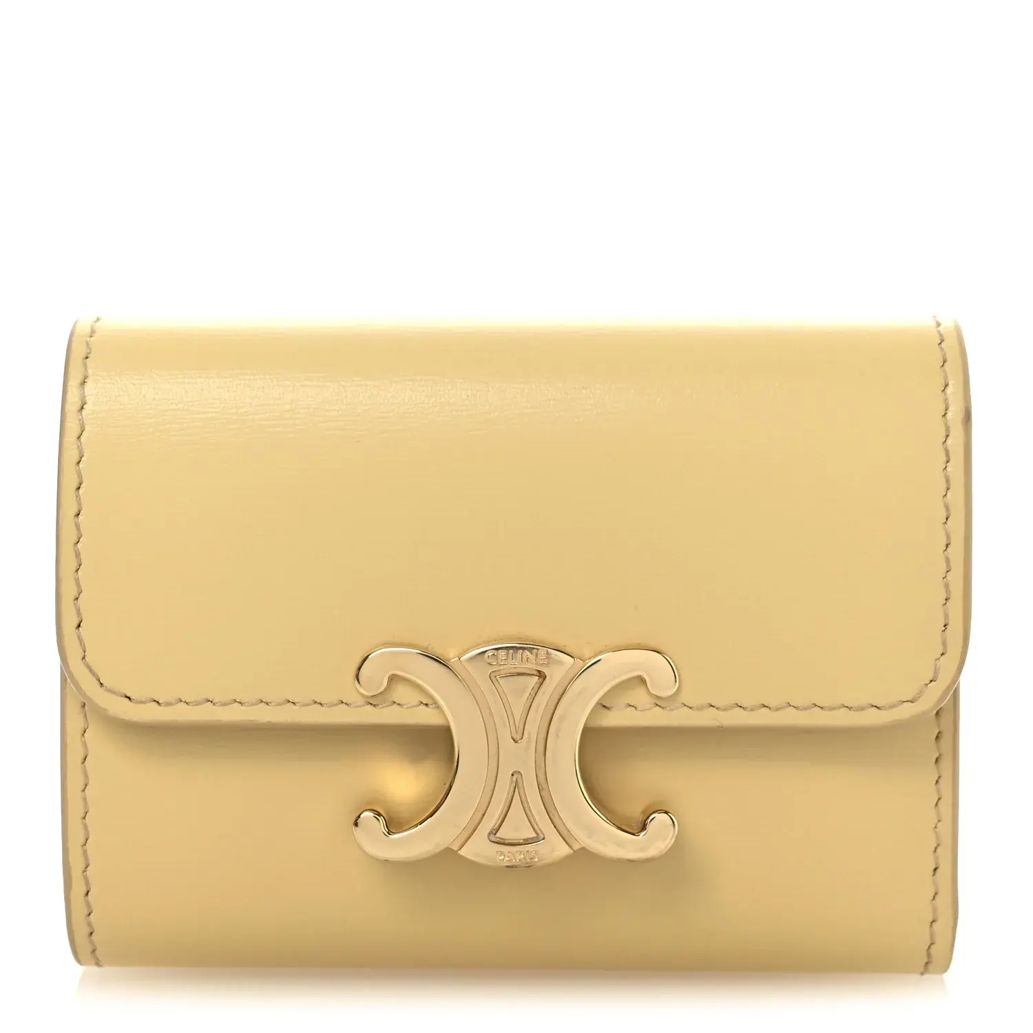 Pre-owned Celine Leather Small Leather Goods Shiny Calfskin Compact Triomphe Wallet With Coin Purse Pollen