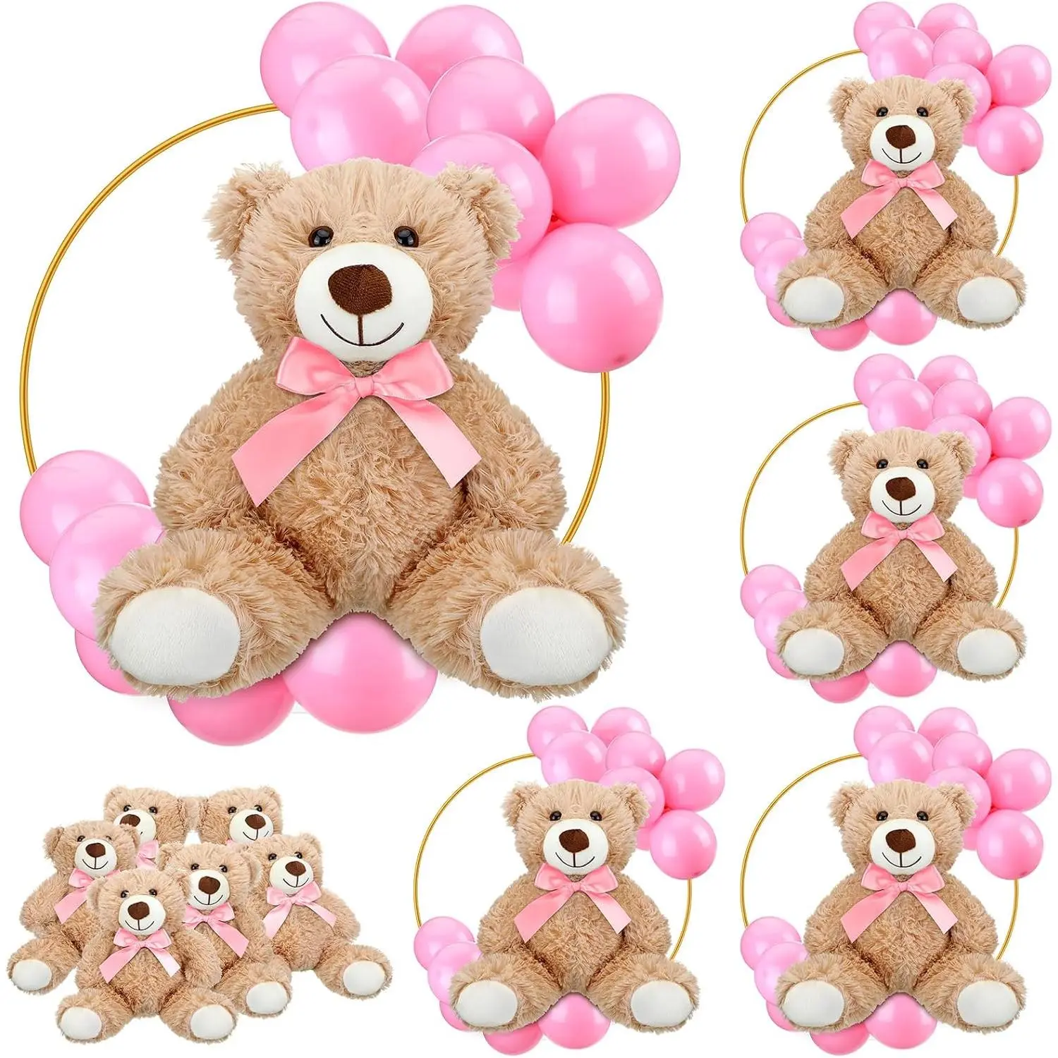 6 Sets Bear  Shower Table Centerpieces Bear Stuffed  12 Inch Metal Floral Hoop with Stand Balloon for Wedding  Shower Birthday  Table Decorations(Pink)