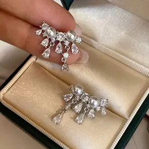 2026 New Water Drop Pearl Zircon Tassel Earrings Light Luxury Gift shell pearl