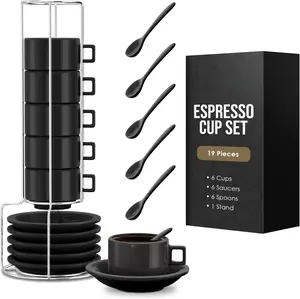 Espresso Cup Set, Espresso Cups Stackable, Expresso, Demitasse, with Saucers, Stand, Spoons, Coffee Mugs, Juego De Tazas Para Cafe, Porcelain, Stacking, 19 count, Set of 6, 2.5 oz, Black