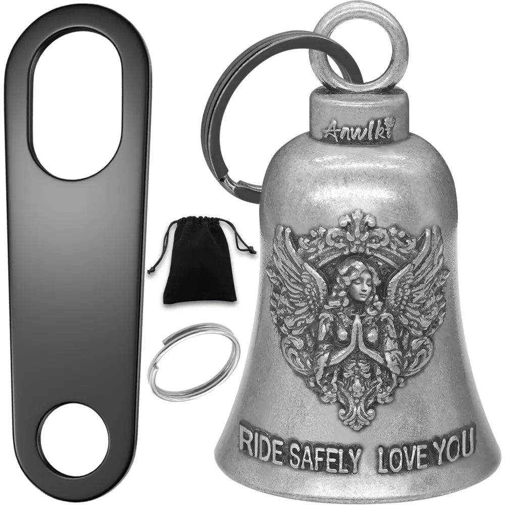 Motorcycle Riding Bell - Engraved Lucky Protector Charm with 2 Keychain Rings & Bell Hanger, "Love You" Guardian Accessory for Bikers, Ideal Birthday Gift, Engraving