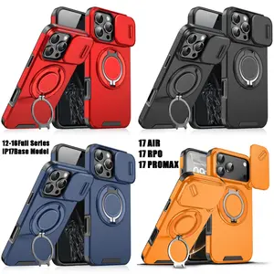 Rugged Protective hard PC Phone Case for iPhone 17 Air & 16/15/14/13/12 Pro Max - Rotary lens cap / Slide Camera Cover with Rotating Ring Kickstand, Shockproof Rugged Heavy Duty Protection