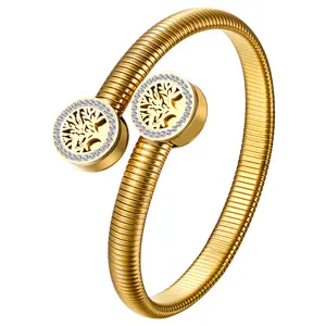 OIDEA Tree of Life Stretch Bangle - Women's Gold Plated Stainless Steel Flexible Bracelet with Rhinestone Accents, Elastic Link Chain Wristband with Tree Emblem, Gold Plated Bracelet,summerwins
