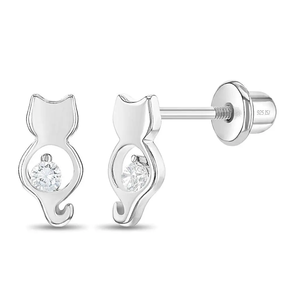 CZ Kitty Friend Baby / Toddler / Kids Earrings Screw Back - Sterling Silver