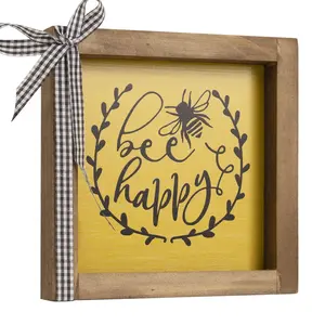 Bee Wall Decor Bee Happy Wooden Sign, Bumble Honeybee Bumblebees Farmhouse Summer Kitchen Tiered Tray Mantle Table Centerpiece Framed Home Decoration Hanging Hook