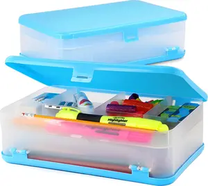 Enday Pencil Box Blue, Large Capacity Plastic Double Deck Box with 12 Compartments, Plastic Pencil Box with Snap-Tight Lid, Hard Pencil Case Storage Organizer Pencil Boxes