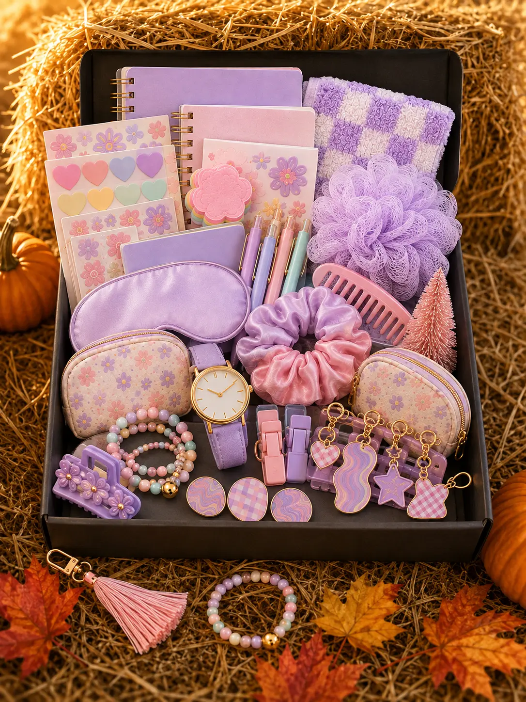 Halloween Scoop Box Gift Set, Purple Cute Stationery, Hair Accessories, Keychain Charms, Mini Notebooks, Stickers, Bracelets and Daily Accessories, Fall Birthday Christmas Gift for Women