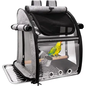 Bird Carrier Bag with Perch, Bird Travel Carrier Backpack with Stainless Steel Plate and Mesh, Portable Transparent Parakeet Travel Cage with Feeder Cups for Small Birds Parakeet Parrot