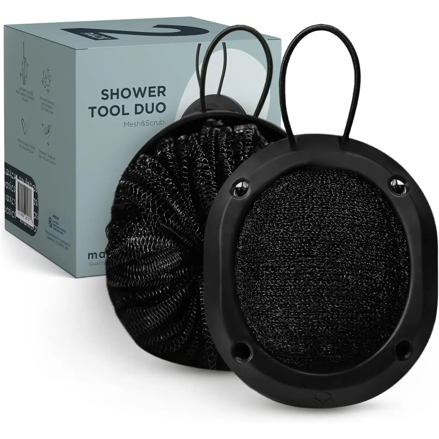 Shower Tool  2-1 Shower Loofah Sponge and   Scrubber (2 Pack, Black)