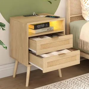 Vabches Rattan Nightstand Set of 2 with Charging Station USB Ports LED Lights 2 Storage Drawers Wood Bedside Table Wooden Tabletop for Bohemian Home