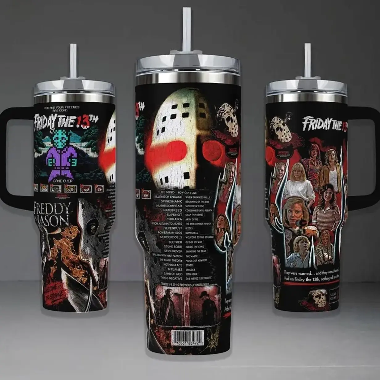Friday the 13th & Freddy - Jason Tumbler, 20oz & 40oz Insulated Travel Mug with Handle & Straw, Iconic Horror Movie Fan Merchandise, Perfect Gift for Slasher Film