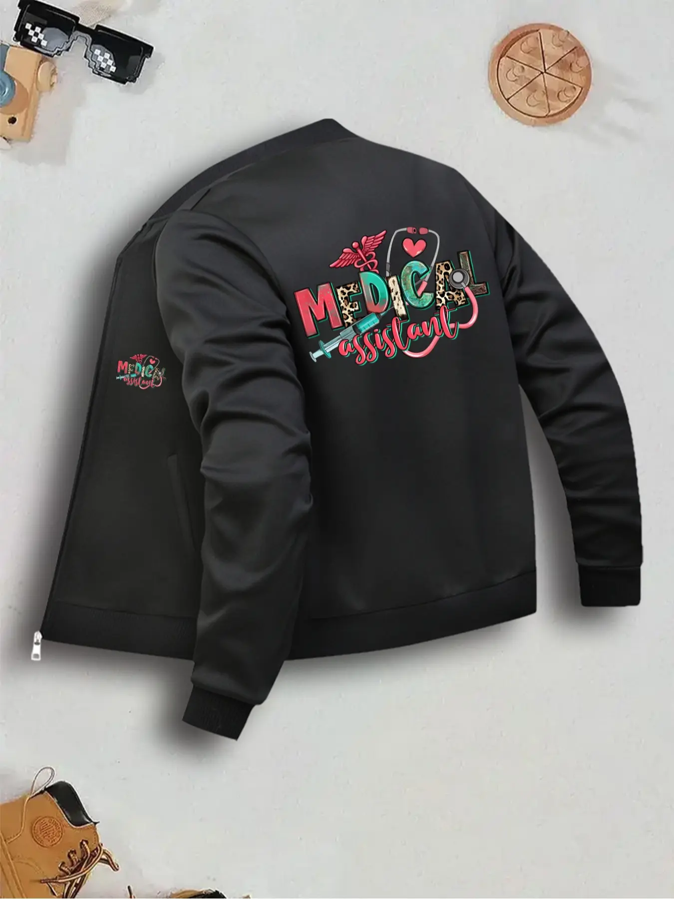 Women's Jacket, Coats, Multi-Color Options, Elegant Design, Printed, Letter Print Jacket, Perfect for Casual and Medical Staff, Fashionable Outerwear, Long Sleeve Fitted Style, Jacket with Pockets, Pockets