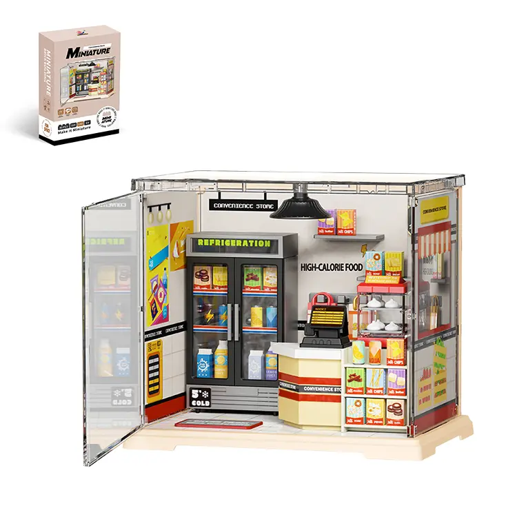 DIY Miniature Convenience Store Dollhouse Kit with LED Lights, Acrylic Parts, Detailed Shelves & Products - Unisex Construction Crafts Set for Adults, Ages 6+, Home Decoration, Collectibles, Birthday Gift