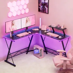 【RGB Desk】Mr IRONSTONE Gaming Desk with Led Lights,Corner Computer Desk with Carbon Fiber Surface,L shaped desk, Home Office Desks Writing Workstation with Large Monitor Stand, Easy to Assemble 51 Inch