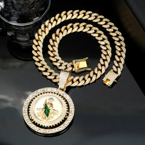HOLDNEAR Iced Out San Judas Tadeo 3 Piece Jewelry Set, Gold Plated Round Medallion Pendant, Cuban Link Necklace & Bracelet, Religious Hip Hop Accessories, Birthday Anniversary Confirmation Graduation Gifts for Men Unisex
