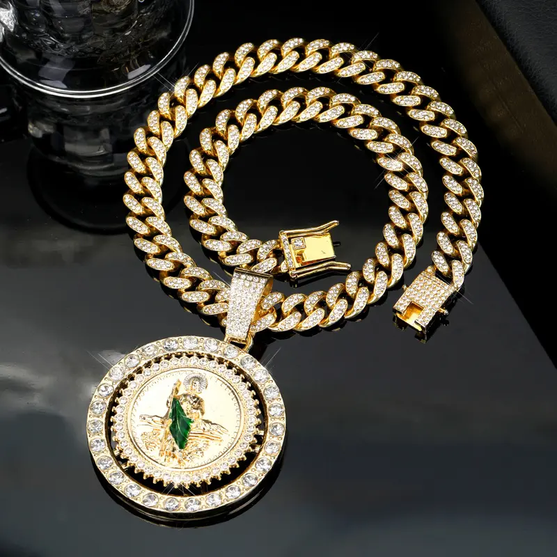 HOLDNEAR Iced Out San Judas Tadeo 3 Piece Jewelry Set, Gold Plated Round Medallion Pendant, Cuban Link Necklace & Bracelet, Religious Hip Hop Accessories, Birthday Anniversary Confirmation Graduation Gifts for Men Unisex