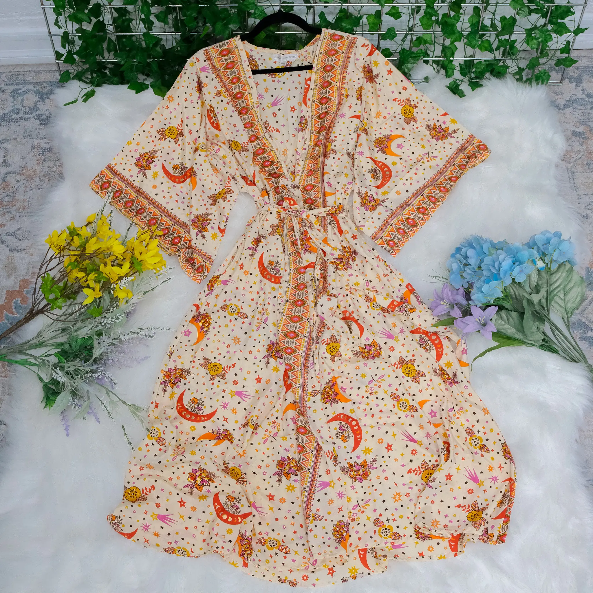 Bohemian Long Kimono, Hippie Boho Lounge Dress, Celestial Loose Cardigan with Pockets, Bridesmaid Robe with Pockets