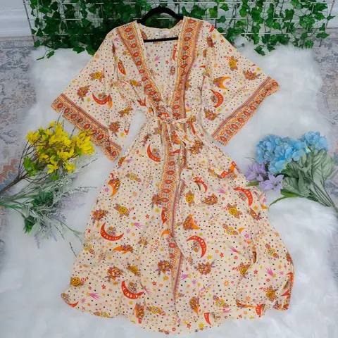 Women's Viscose Vintage Chic Celestial Print Long Kimono Robe - 48in Drape, Bohemian Hippie Loungewear, Loose Cardigan, Bridesmaid Dress with Pockets, Fits Most, Adds Elegance, Line Dry, Do Not Bleach, Stylish Design