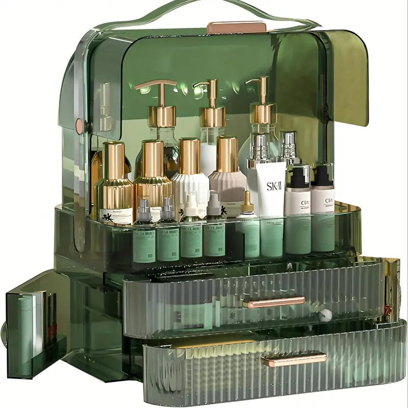 Clear/Green Cosmetic Storage Box | Makeup Organizer Box | Drawer Organizer with Lid, Organizer Storage Supplies, Suitable for Skincare, Jewelry and Cosmetics, Perfect for Bathroom Countertops and Kitchen Countertops, Vinyl Material, Unopened