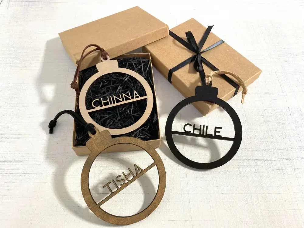 Personalized Wood and Leather Simple Name Ornament