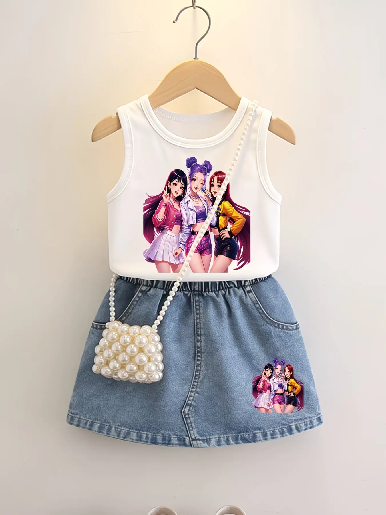 Two-Piece Set for Girls, Sleeveless Top and Denim Skirt, Anime-Inspired, Comfortable Elastic Waist, Summer Clothing Set, Summer Casual Wear, Ages 8 and Under