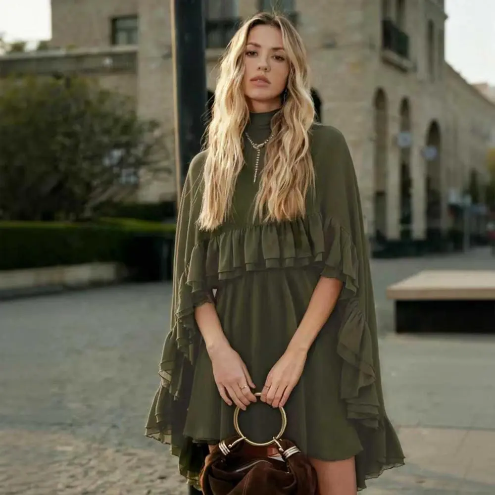 Women's 2026 Trendy Ocean Style Semi Sheer Chiffon Cape Dress - Ruffle Layered Flowy Minimalist Dress with Soft Smooth Fabric, Ideal for Party Evening Events, Women's Clothes, Frilled Casual Dresses, Sheer Casual Dresses