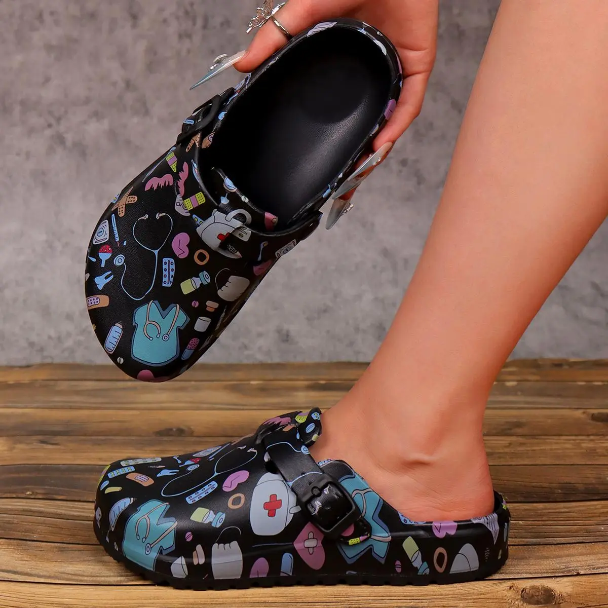 Cute Medical Healthcare Pattern Clogs, Waterproof Soft Lightweight EVA Slip On Shoes, Adjustable Heel Strap Casual Garden Slippers, Indoor Outdoor Beach Shower Walking Sandals