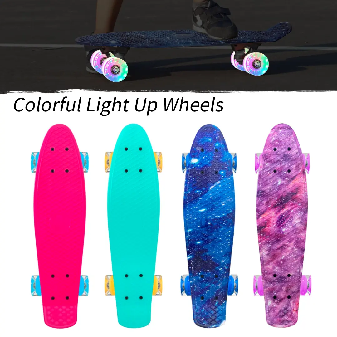 Nattork 22 Inch Mini Cruiser Skateboard for Kids - 21.73*5.9 Inch PP Plastic Deck with Creative Print, Light-Up Polyurethane Wheels, ABEC-7 Bearings, 220 lbs Capacity, Indoor/Outdoor Use, Pur