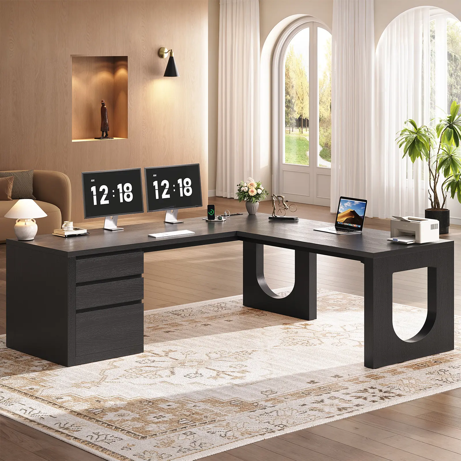 Sedeta 63-Inch Modern L-Shaped Ergonomic Wooden Executive Desk - U-Legs, Textured Embossed Finish, 3 Sliding Drawers (1 File Drawer), Power Outlets, Adjustable, Assembly Required, Storage, Home Office Furniture, Ergonomic Desk, Computer Desk