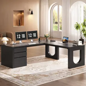 Sedeta 63-Inch Modern L-Shaped Wooden Executive Desk - U-Legs, Embossed Grain, 3 Sliding Drawers (1 File Drawer), Power Outlets, Home Office Furniture, Ergonomic Design Sedeta 63-Inch Modern L-Shaped Wooden Executive Desk - U-Legs, Embossed Grain, 3 Sliding Drawers (1 File Drawer), Power Outlets, Home Office Furniture, Ergonomic Design