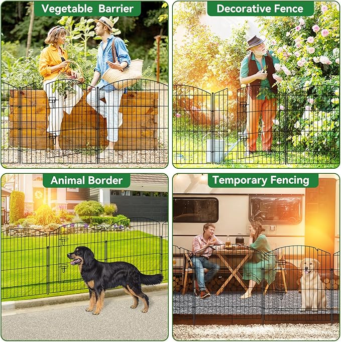 No Dig Decorative Garden Fence with Gate 32in (H) x 24ft (L), 9 Panels + 1 Gate +11 Stakes, Temporary Dog Fencing Outdoor, Rustproof Metal Arched Animal Barrier for Yard, Patio, Flower Bed, Landscape