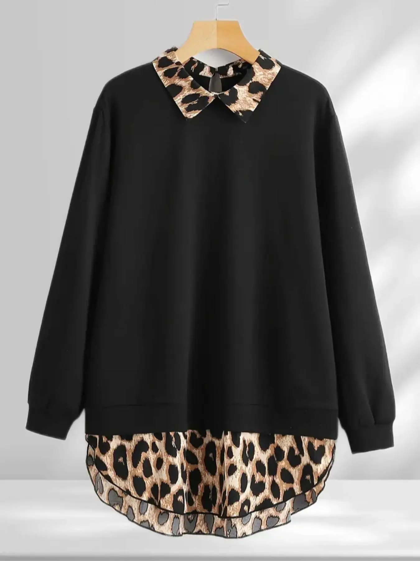 Plus Size Leopard Print Curved Hem Pullover Sweatshirt, Casual Long Sleeve Fitted Knit Pullover Sweatshirt for Fall & Winter, Women's Clothing for Daily Wear, Everyday, Tops, Womenswear, Lady, Fitted Knitwear Pullover
