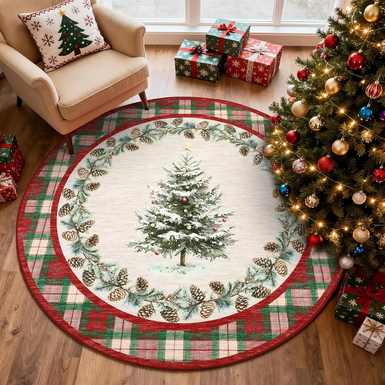 Christmas Carpet Round Mat Washable Non-Slip Living Room Bedroom Indoor Area Rugs Tree Print Holiday Decor Soft Comfortable Sofa Coffee Table Pad Home Decorative Rug