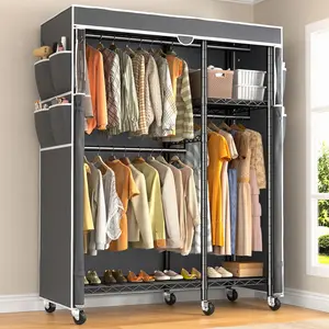Raybee Coat Rack with Cover Metal Clothing Racks for Hanging Clothes Heavy Duty Portable Garment Rack Closet with Wheels & Adjustable Feets