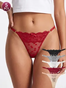 5-Pack Heart Lace Adjustable Semi-Sheer Thongs | Seamless Breathable Coquette Underwear for Date Night