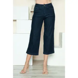 Judy Blue Women's Minimalist Style Side Seam Braid Detail Crop Wide Leg Jeans 88851 Highwaist Cotton Blend Fitted & Cropped Fit All Seasons Wear Full Size Cuffed Skinny Jeans with Pocketed Design & Moderate Stretch - Womenswear