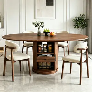 Extendable Oval Dining Table 59" with 2-Tier Storage, Space-Saving Expandable Kitchen Table for 4-6, Pedestal Base for Dining Room, Walnut Brown