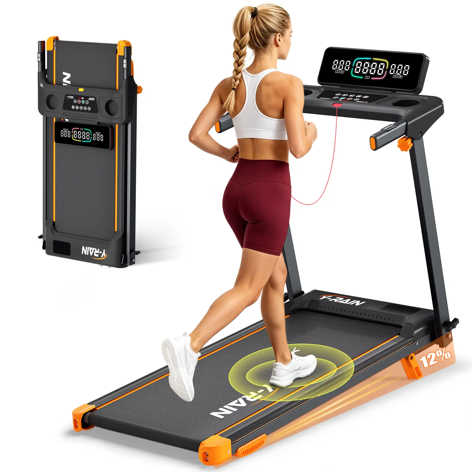 Smart 2-in-1 Folding Treadmill Run virtual map routes via App. Features 330 lbs capacity, cushioned belt, incline & high speed. Tracks heart rate & calories on the HD display. Perfect for home office use & folds away for easy storage!