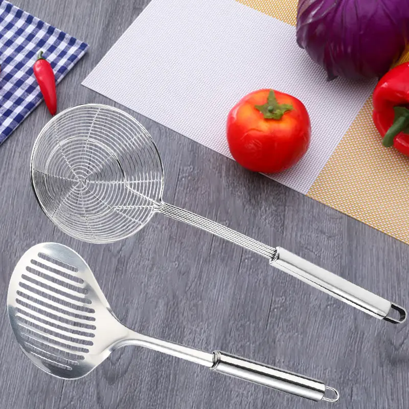 2PCS Kitchen Multi Kitchen Utensil Stainless Steel Cooking Skimmer Slotted Fish Turner Spatula Spoon Colander Drain Water Filter Spoon Ladle Spider Strainer Skimmer Ladle for Cooking and Frying supplies summervibes