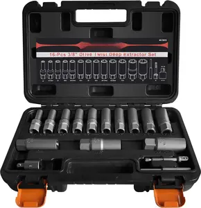 16 count 3/8" Deep Well Bolt Extractor Set, Spark Plug Removal Extraction Socket Tool, Extractor Set for Damaged, Frozen, Rusted, Rounded-Off , Studs, Nuts & Screws, Cr-Mo Steel