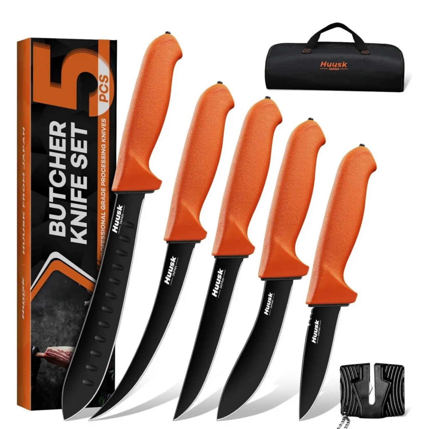 Huusk 5Pcs Kitchen Knife Set, Professional Meat Cutting Kit, Stainless Steel Kitchen Knives with Non-Slip Orange Handle, Includes Meat Knife, Skinning, Curved Boning & Caping Knife, Portable Roll Bag Gift for Men