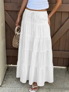 Women's Boho Style Flowy A-Line Long Skirt, Casual Loose-Fitting Beach Dress, Comfortable Pleated Design, Fashionable Half Skirt