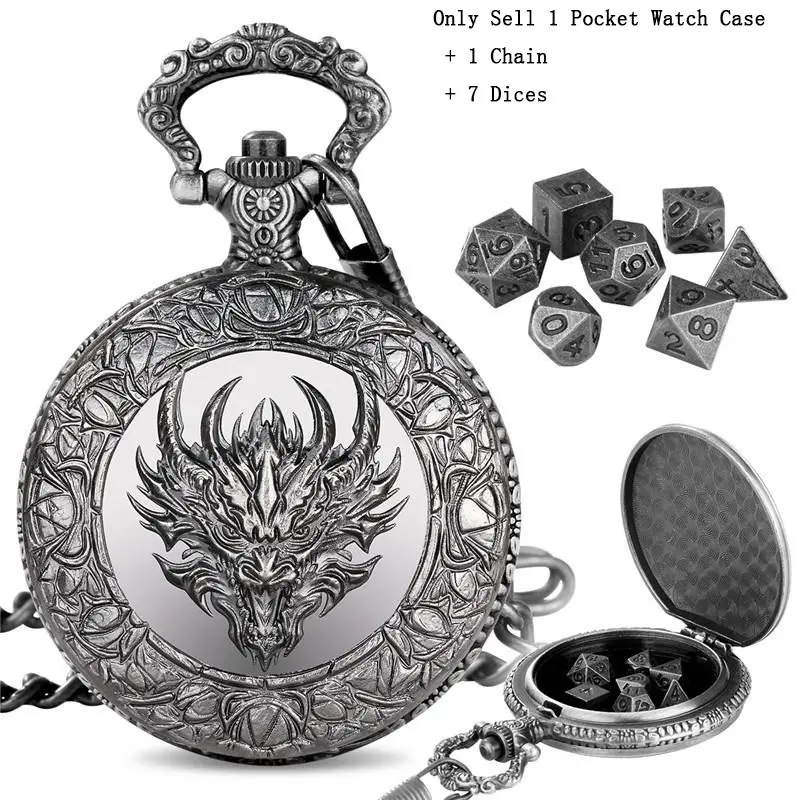 Steampunk Dragon Head Pattern Pocket Watch Case with Pendant FOB Chain, plus 7pcs Tiny SIze Metal Polyhedral Dice for Role Play Game,Indoor Entertainment Board Gaming Accessories,