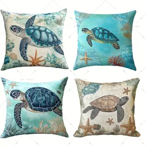 4pcs Set ocean animal themed pillow covers with patterns including turtles; made of polyester, suitable for home decor, sofas, bedrooms, and cars; 18*18 inch (inserts not included)