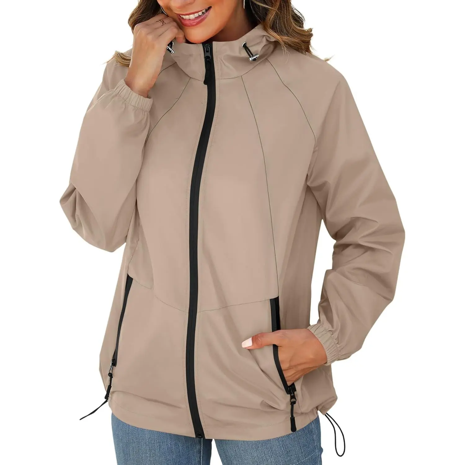 Women's Foldable Long Sleeve Outdoor Sports Rain Jacket - Waterproof Lightweight Polyester, Breathable Comfy, Adjustable Hood, Functional Pockets, Casual Top, S-3XL, Easy to Package, Machine Washable, Do Not Bleach, All Seasons